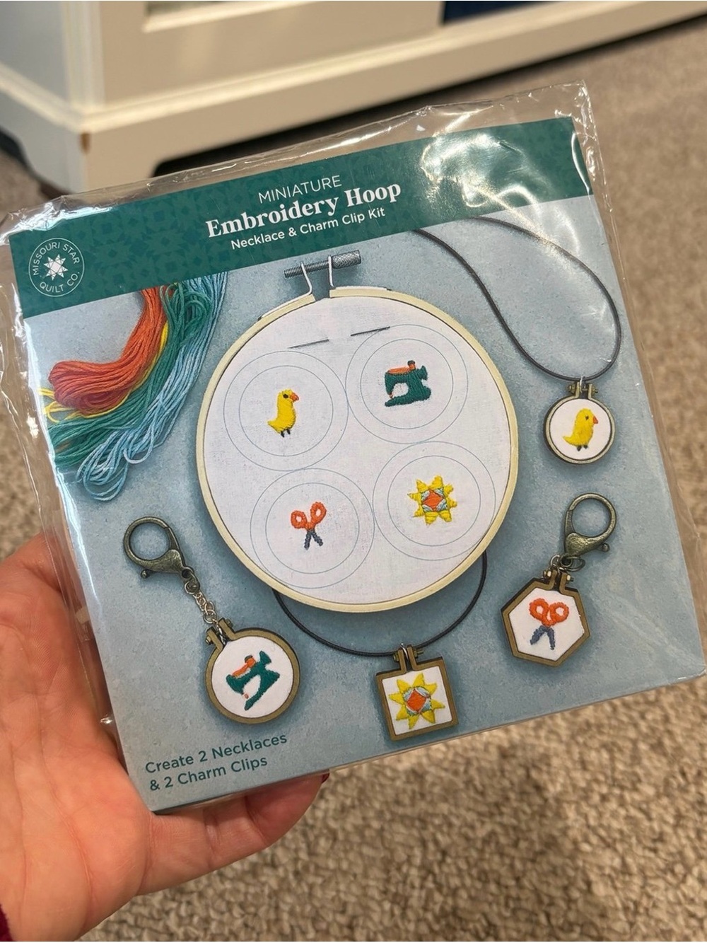 Miniature Embroidery Hoop Necklace & Charm Clip Kit - Teal